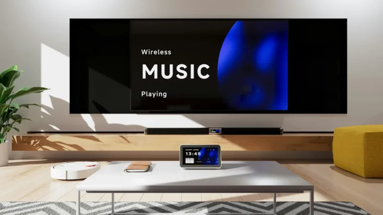 Salon moderne avec Smart TV, barre de son et objets connectés, illustrant un environnement adapté à un abonnement IPTV stable